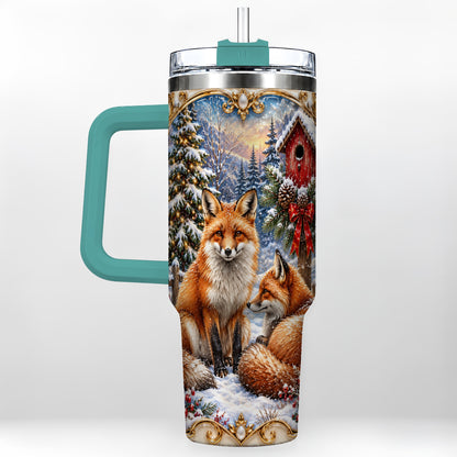 #pl[40oz|Green] Christmas Fox 40oz Tumbler with Handle, Woodland Holiday Travel Cup