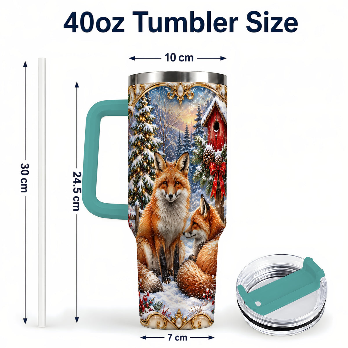 #pl[40oz|Green] Christmas Fox 40oz Tumbler with Handle, Woodland Holiday Travel Cup