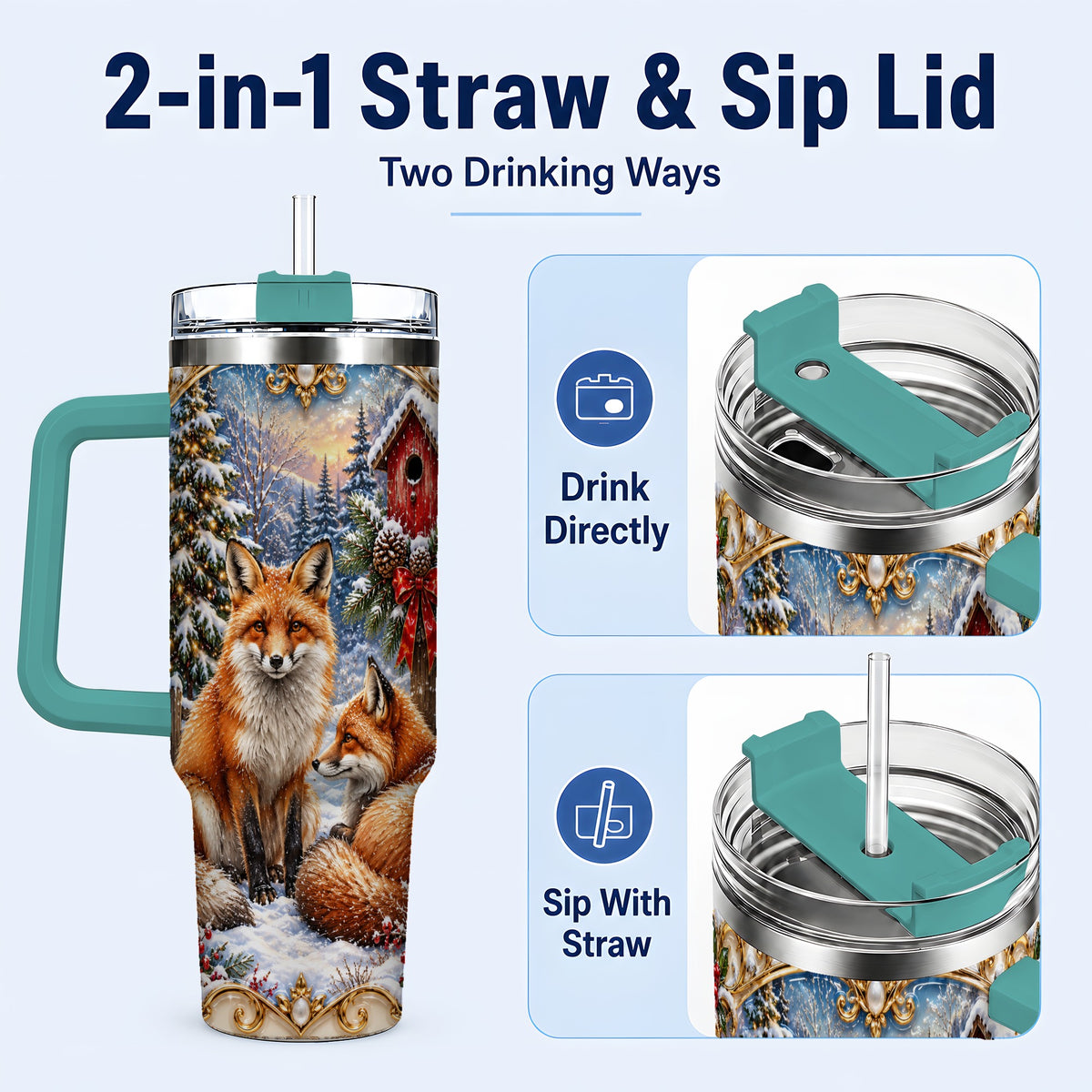 #pl[40oz|Green] Christmas Fox 40oz Tumbler with Handle, Woodland Holiday Travel Cup