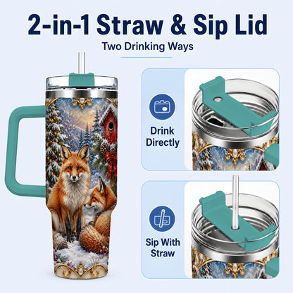 #pl[40oz|Green] Christmas Fox 40oz Tumbler with Handle, Woodland Holiday Travel Cup