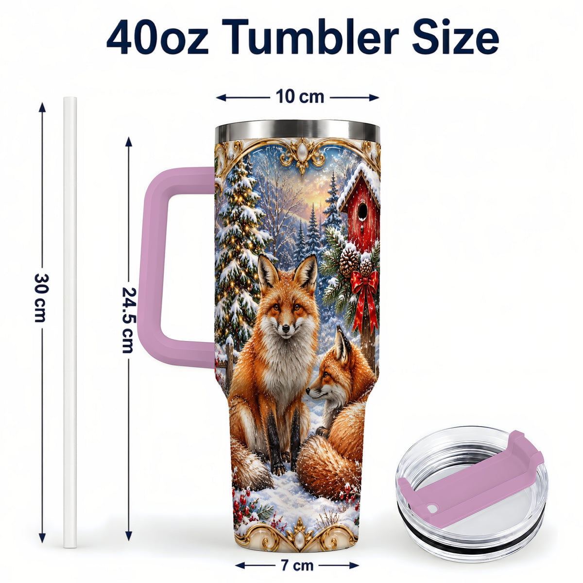 #pl[40oz|Pink] Christmas Fox 40oz Tumbler with Handle, Woodland Holiday Travel Cup