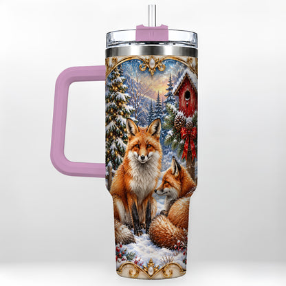 #pl[40oz|Pink] Christmas Fox 40oz Tumbler with Handle, Woodland Holiday Travel Cup