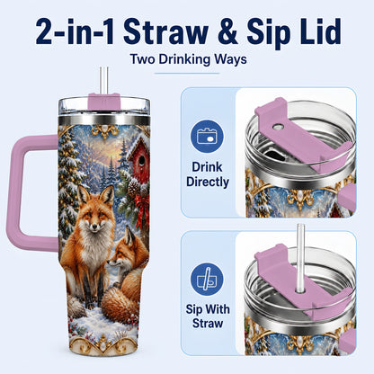 #pl[40oz|Pink] Christmas Fox 40oz Tumbler with Handle, Woodland Holiday Travel Cup