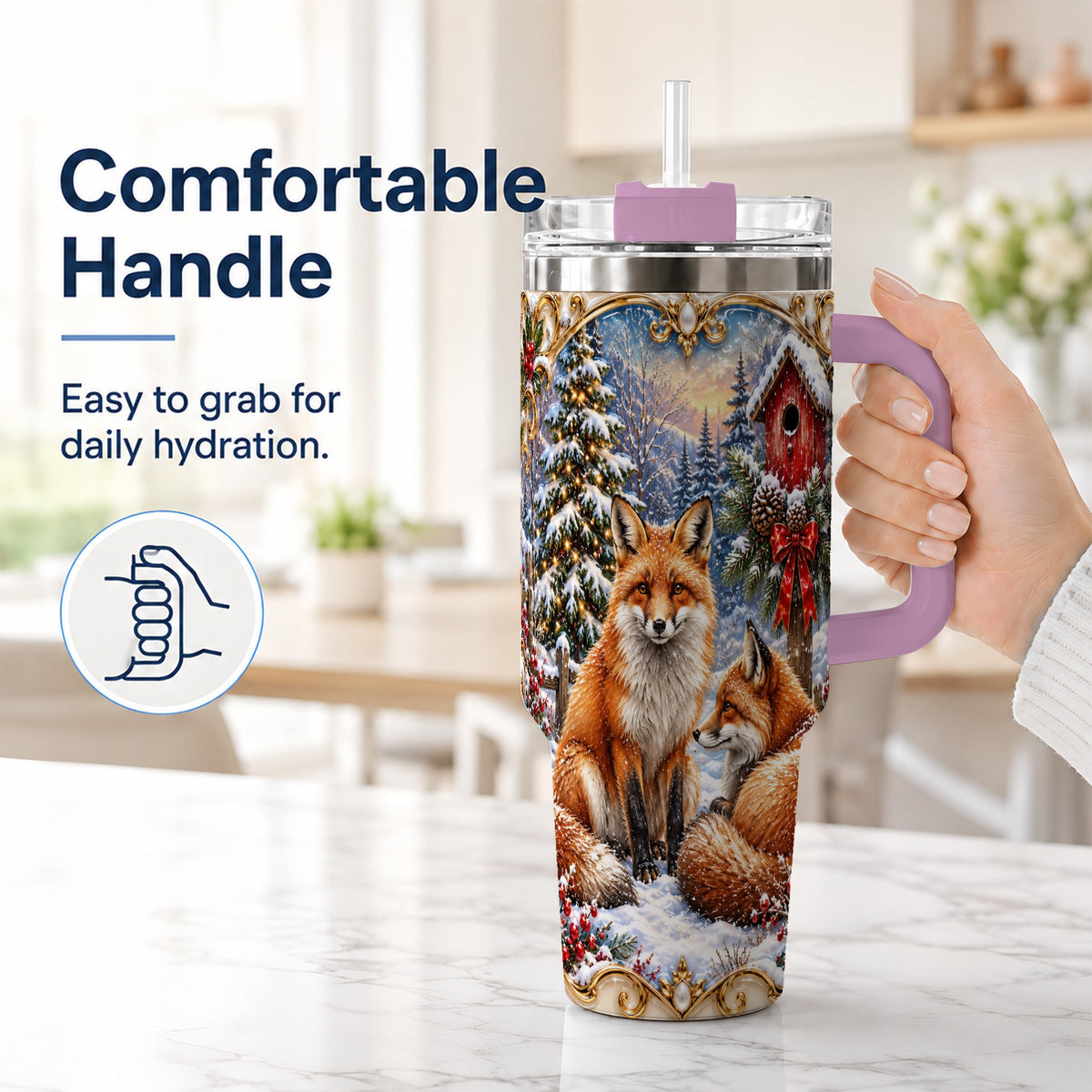 #pl[40oz|Pink] Christmas Fox 40oz Tumbler with Handle, Woodland Holiday Travel Cup