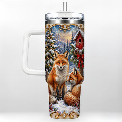 Christmas Fox 40oz Tumbler with Handle, Woodland Holiday Travel Cup
