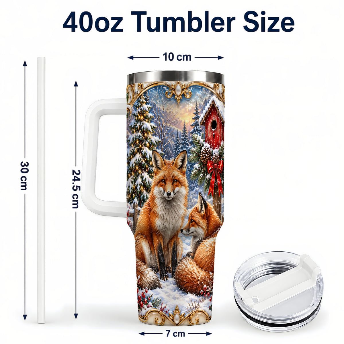 #pl[40oz|White] Christmas Fox 40oz Tumbler with Handle, Woodland Holiday Travel Cup