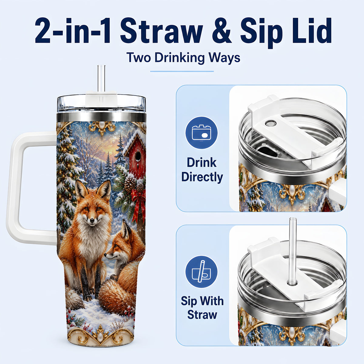 #pl[40oz|White] Christmas Fox 40oz Tumbler with Handle, Woodland Holiday Travel Cup