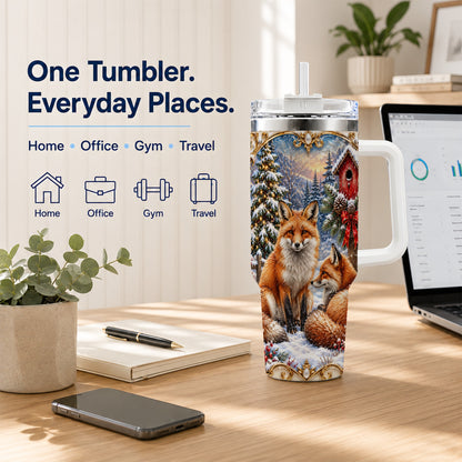Christmas Fox 40oz Tumbler with Handle, Woodland Holiday Travel Cup