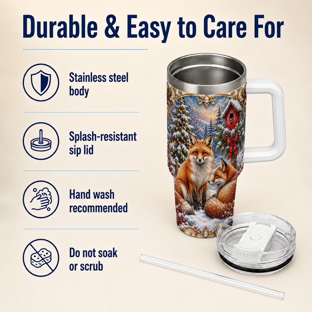 Christmas Fox 40oz Tumbler with Handle, Woodland Holiday Travel Cup