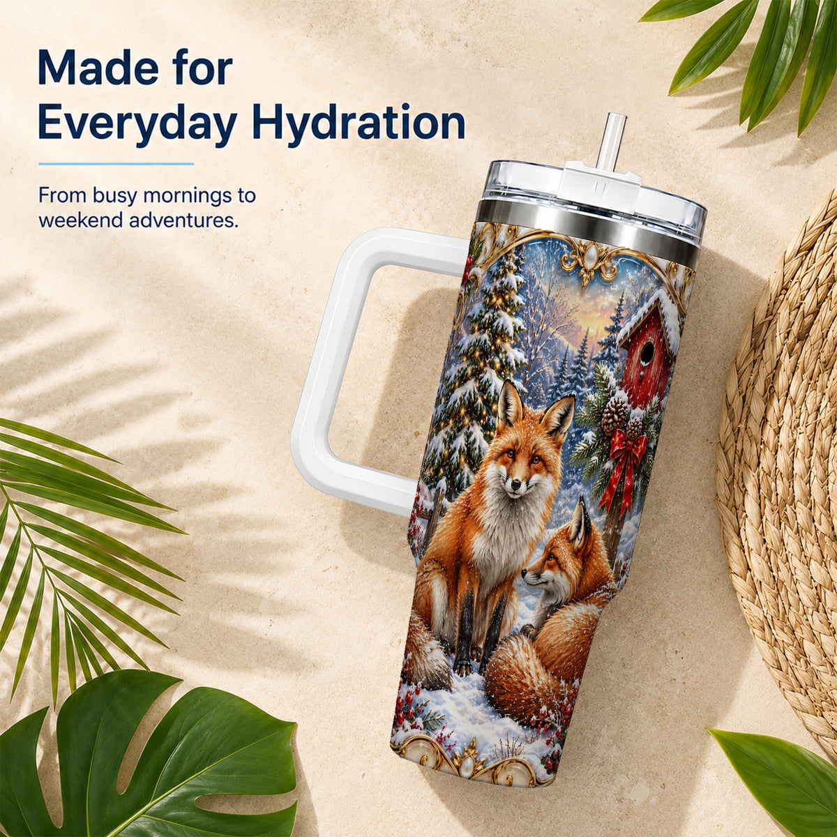 Christmas Fox 40oz Tumbler with Handle, Woodland Holiday Travel Cup