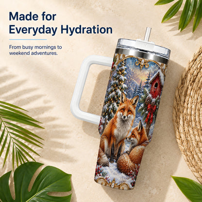 Christmas Fox 40oz Tumbler with Handle, Woodland Holiday Travel Cup