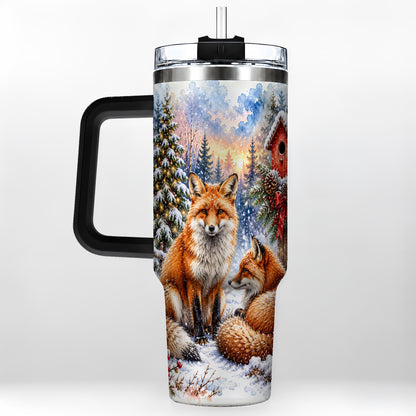 #pl[40oz|Black] Watercolor Fox 40oz Tumbler with Handle, Christmas Woodland Travel Cup