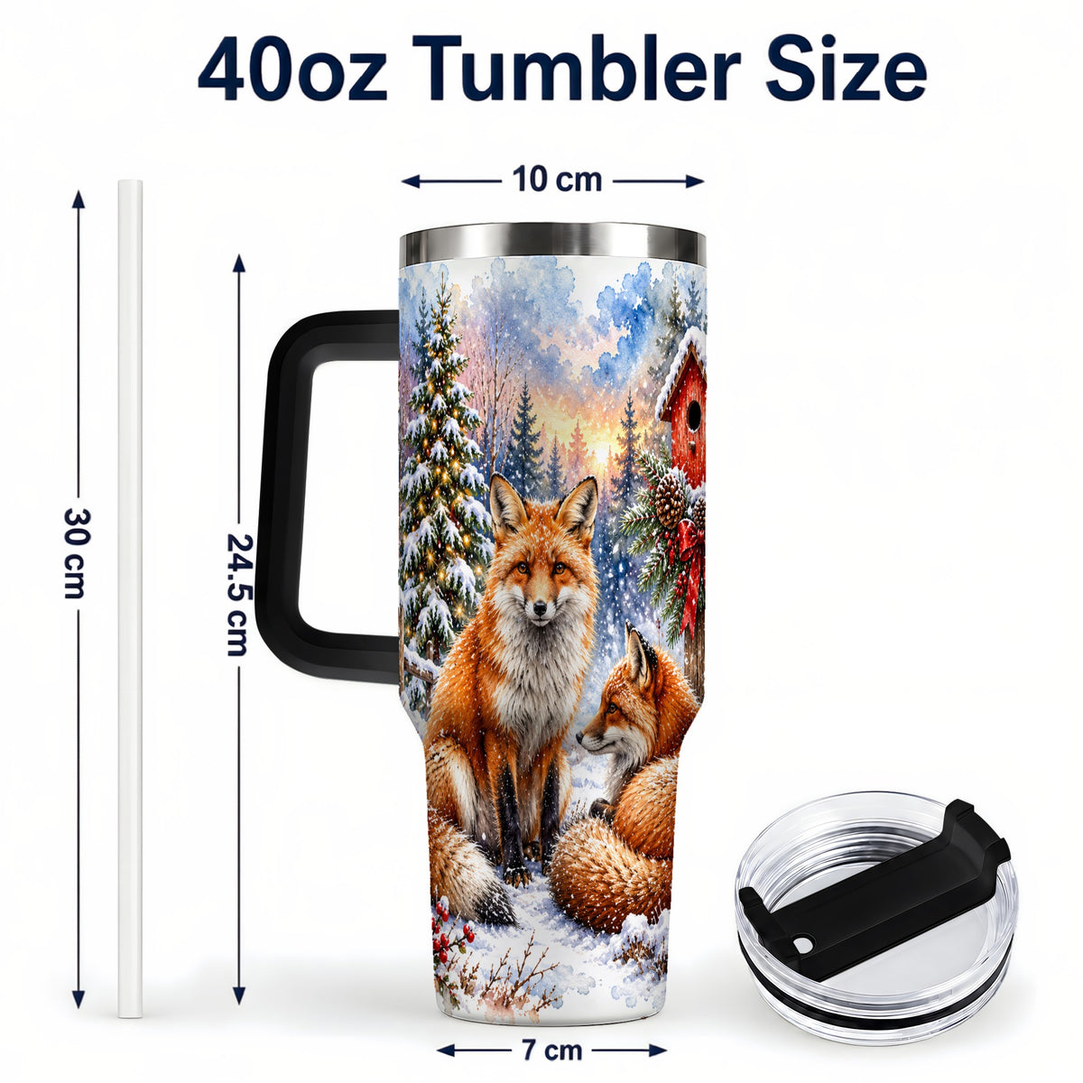 #pl[40oz|Black] Watercolor Fox 40oz Tumbler with Handle, Christmas Woodland Travel Cup