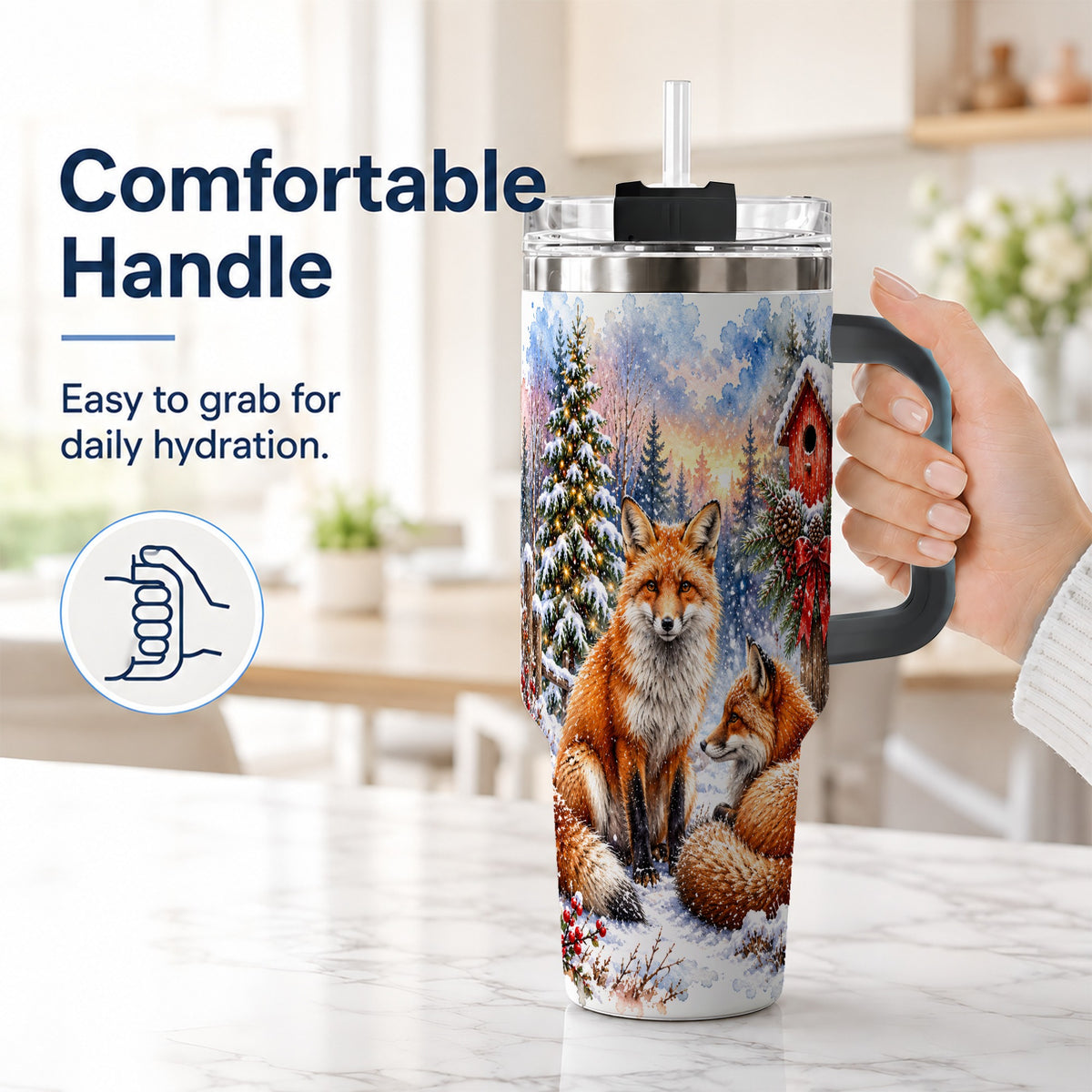 #pl[40oz|Black] Watercolor Fox 40oz Tumbler with Handle, Christmas Woodland Travel Cup