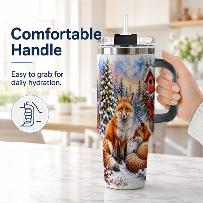 #pl[40oz|Black] Watercolor Fox 40oz Tumbler with Handle, Christmas Woodland Travel Cup