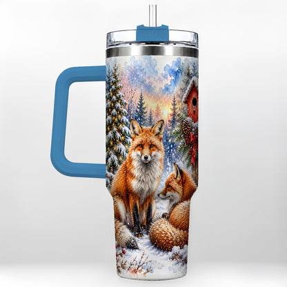 #pl[40oz|Blue] Watercolor Fox 40oz Tumbler with Handle, Christmas Woodland Travel Cup