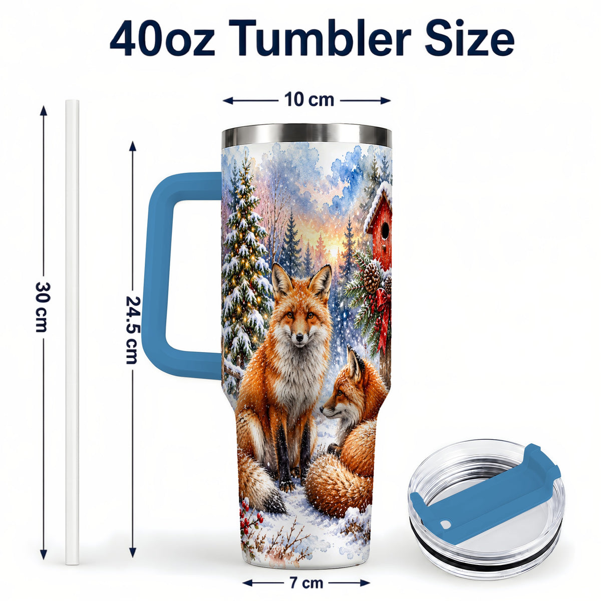 #pl[40oz|Blue] Watercolor Fox 40oz Tumbler with Handle, Christmas Woodland Travel Cup