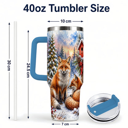 #pl[40oz|Blue] Watercolor Fox 40oz Tumbler with Handle, Christmas Woodland Travel Cup