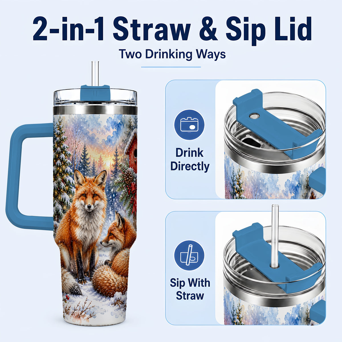 #pl[40oz|Blue] Watercolor Fox 40oz Tumbler with Handle, Christmas Woodland Travel Cup
