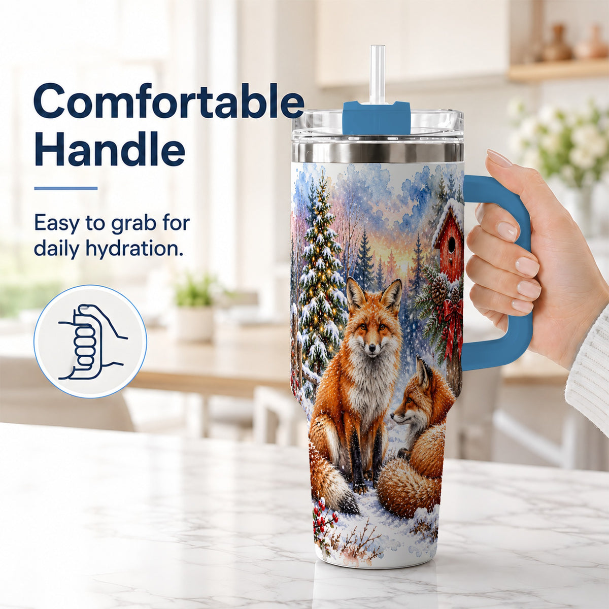 #pl[40oz|Blue] Watercolor Fox 40oz Tumbler with Handle, Christmas Woodland Travel Cup