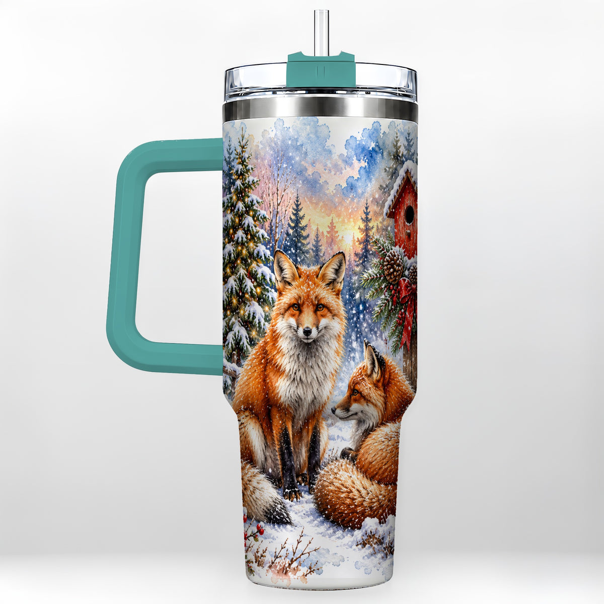 #pl[40oz|Green] Watercolor Fox 40oz Tumbler with Handle, Christmas Woodland Travel Cup