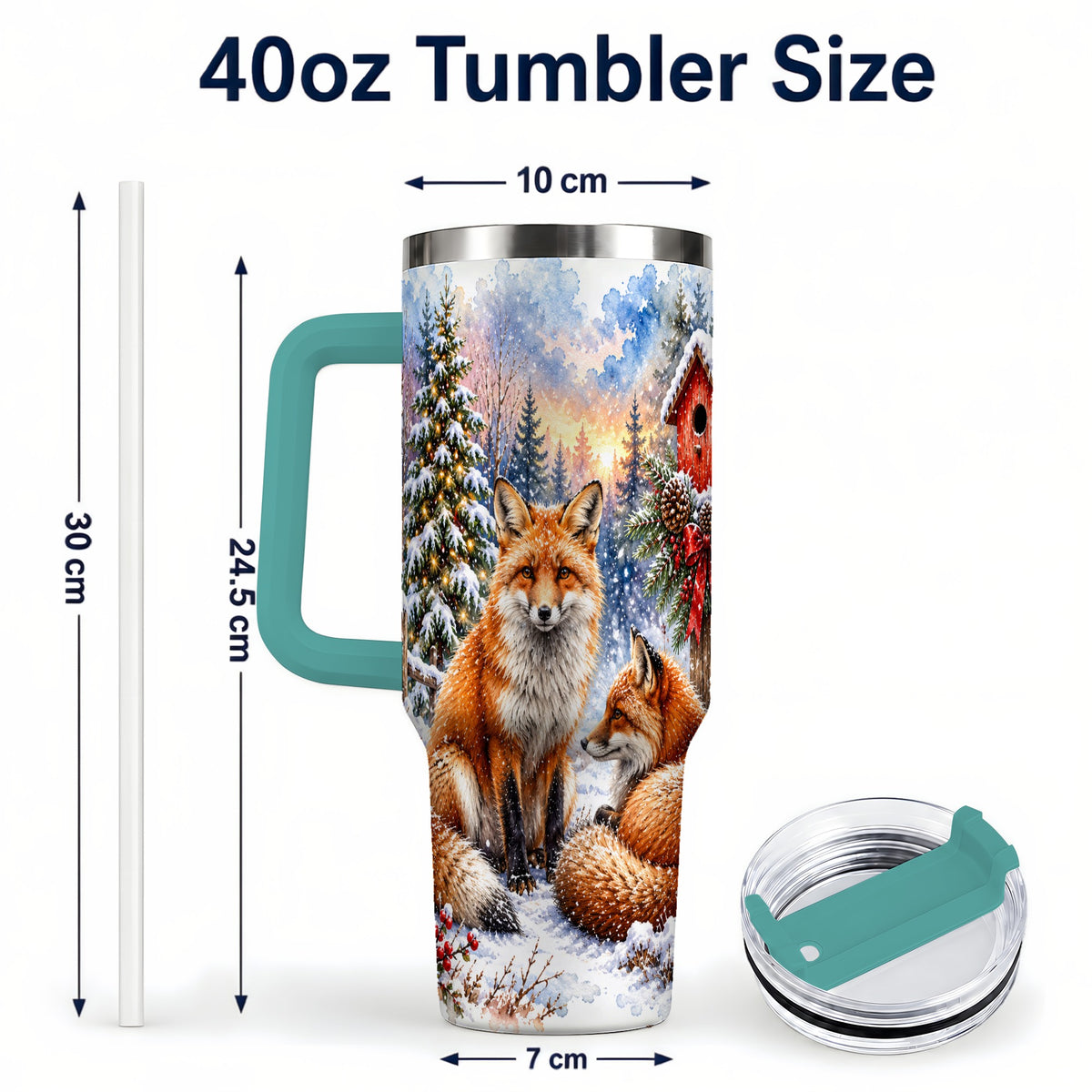 #pl[40oz|Green] Watercolor Fox 40oz Tumbler with Handle, Christmas Woodland Travel Cup