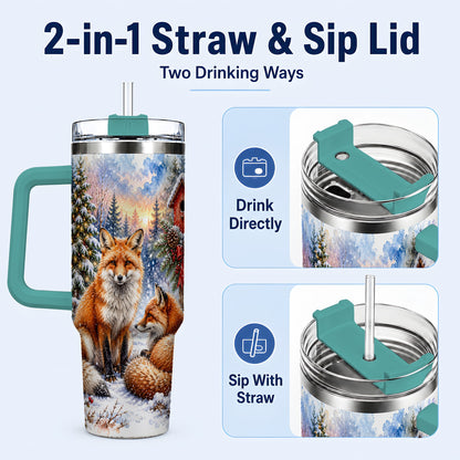 #pl[40oz|Green] Watercolor Fox 40oz Tumbler with Handle, Christmas Woodland Travel Cup