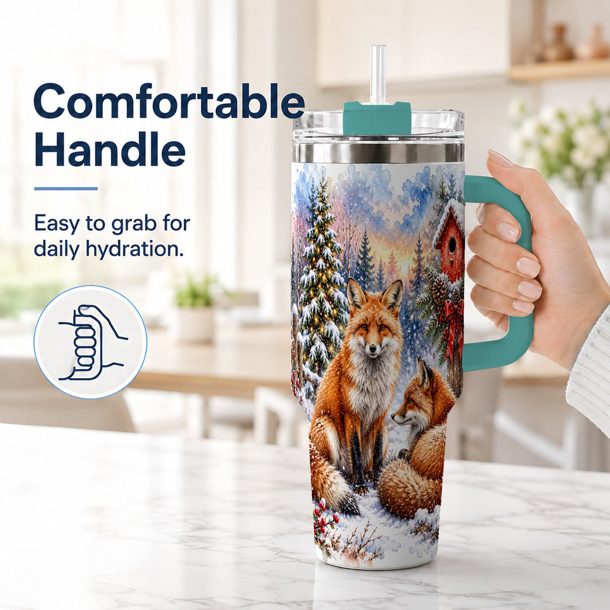#pl[40oz|Green] Watercolor Fox 40oz Tumbler with Handle, Christmas Woodland Travel Cup