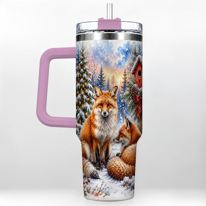 #pl[40oz|Pink] Watercolor Fox 40oz Tumbler with Handle, Christmas Woodland Travel Cup