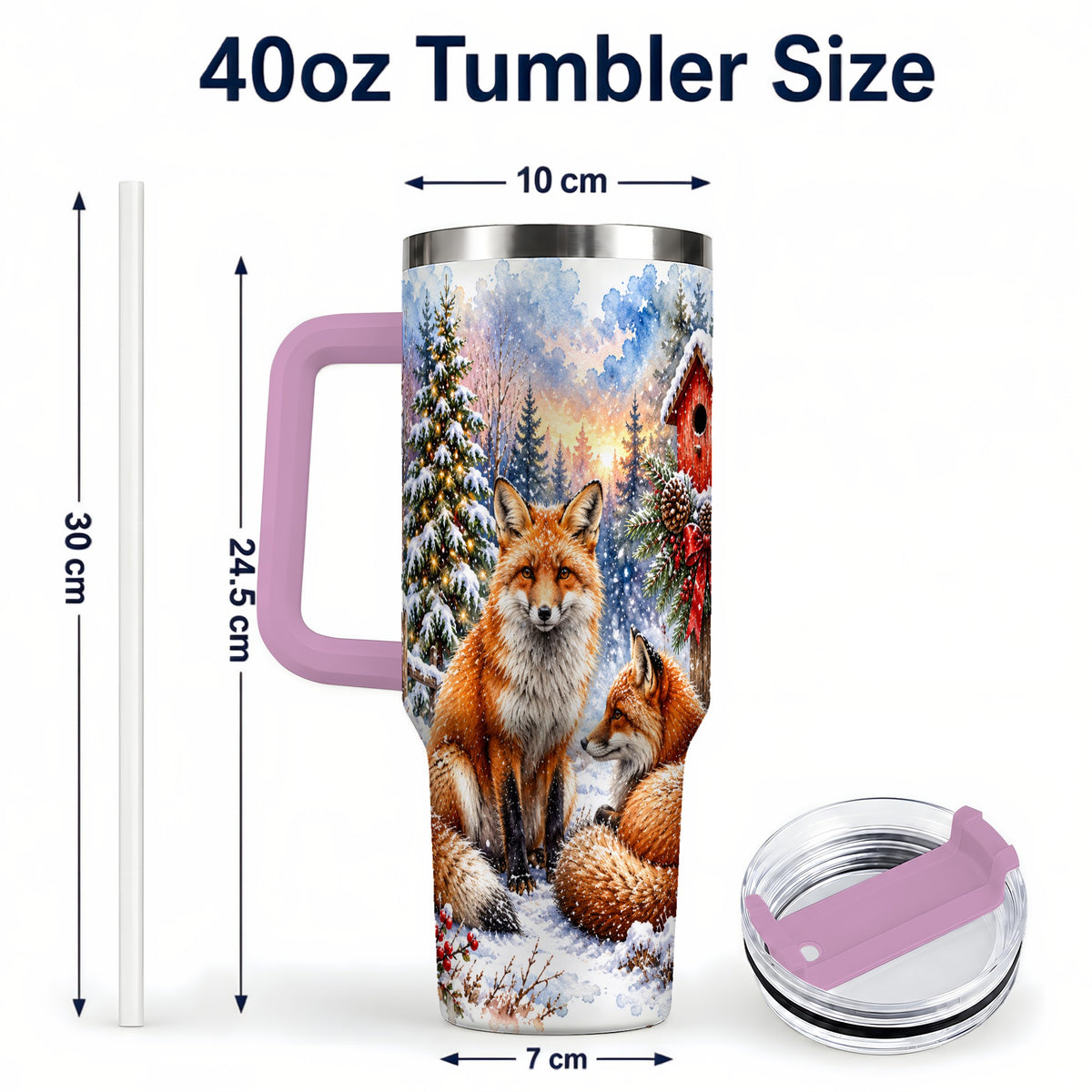 #pl[40oz|Pink] Watercolor Fox 40oz Tumbler with Handle, Christmas Woodland Travel Cup