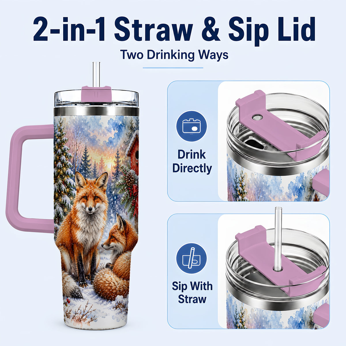 #pl[40oz|Pink] Watercolor Fox 40oz Tumbler with Handle, Christmas Woodland Travel Cup