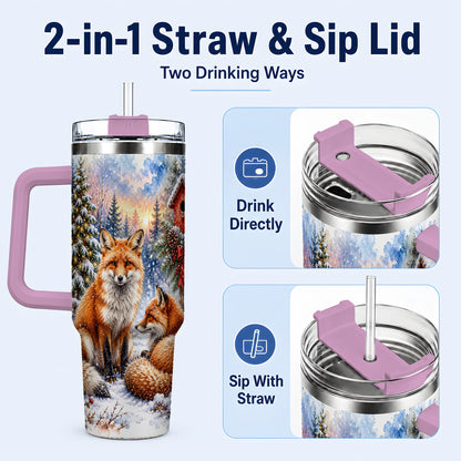 #pl[40oz|Pink] Watercolor Fox 40oz Tumbler with Handle, Christmas Woodland Travel Cup