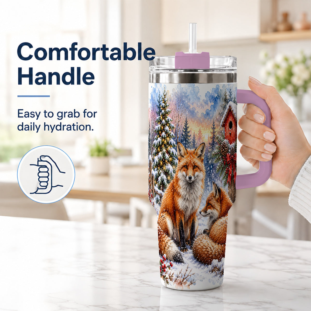 #pl[40oz|Pink] Watercolor Fox 40oz Tumbler with Handle, Christmas Woodland Travel Cup