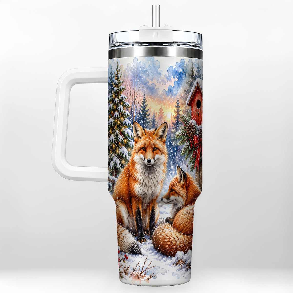 Watercolor Fox 40oz Tumbler with Handle, Christmas Woodland Travel Cup