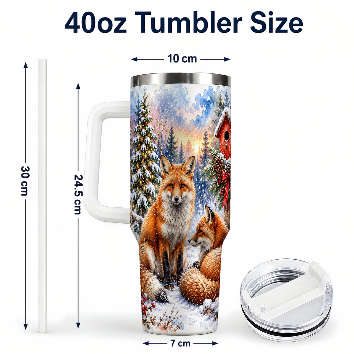 #pl[40oz|White] Watercolor Fox 40oz Tumbler with Handle, Christmas Woodland Travel Cup