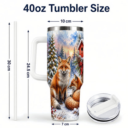 #pl[40oz|White] Watercolor Fox 40oz Tumbler with Handle, Christmas Woodland Travel Cup