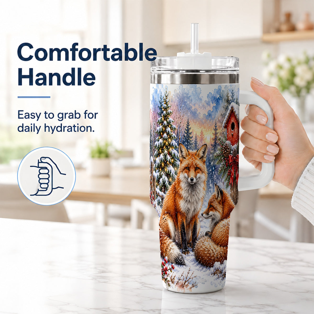 #pl[40oz|White] Watercolor Fox 40oz Tumbler with Handle, Christmas Woodland Travel Cup