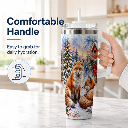 #pl[40oz|White] Watercolor Fox 40oz Tumbler with Handle, Christmas Woodland Travel Cup