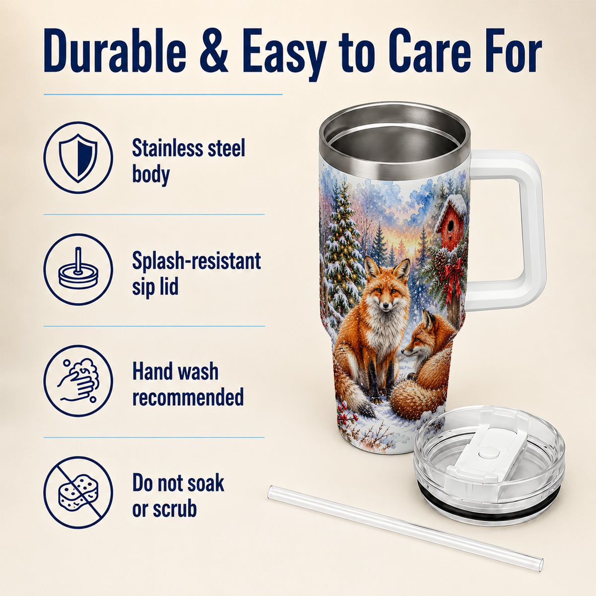 Watercolor Fox 40oz Tumbler with Handle, Christmas Woodland Travel Cup
