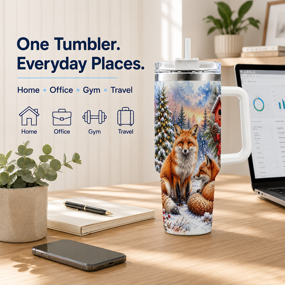 Watercolor Fox 40oz Tumbler with Handle, Christmas Woodland Travel Cup