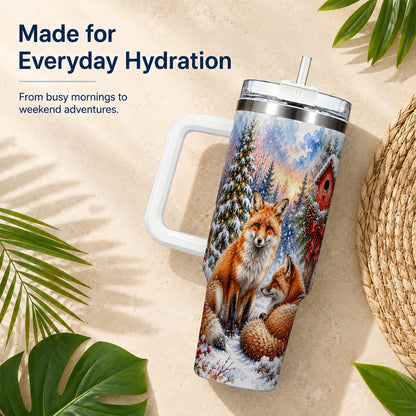 Watercolor Fox 40oz Tumbler with Handle, Christmas Woodland Travel Cup