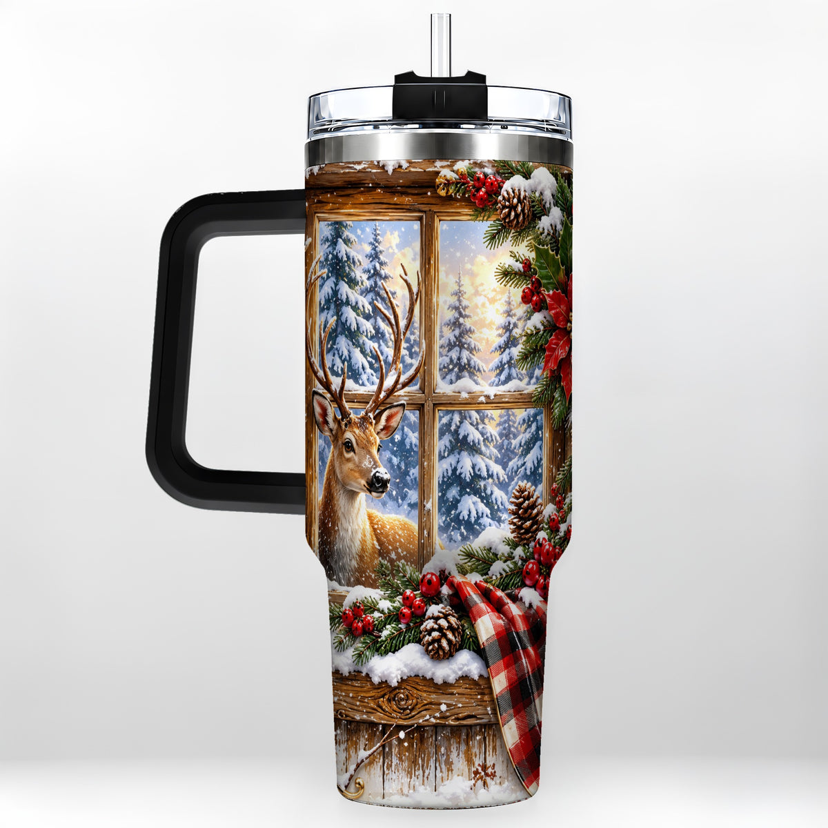 #pl[40oz|Black] Winter Deer 40oz Tumbler with Handle, Christmas Stainless Steel Travel Cup