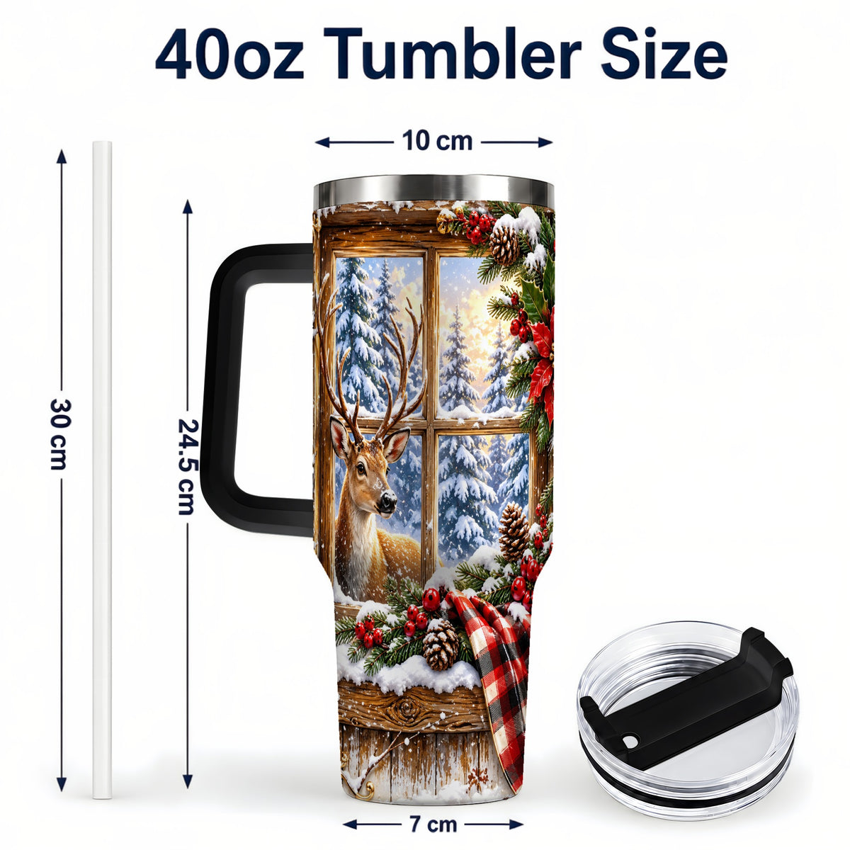#pl[40oz|Black] Winter Deer 40oz Tumbler with Handle, Christmas Stainless Steel Travel Cup