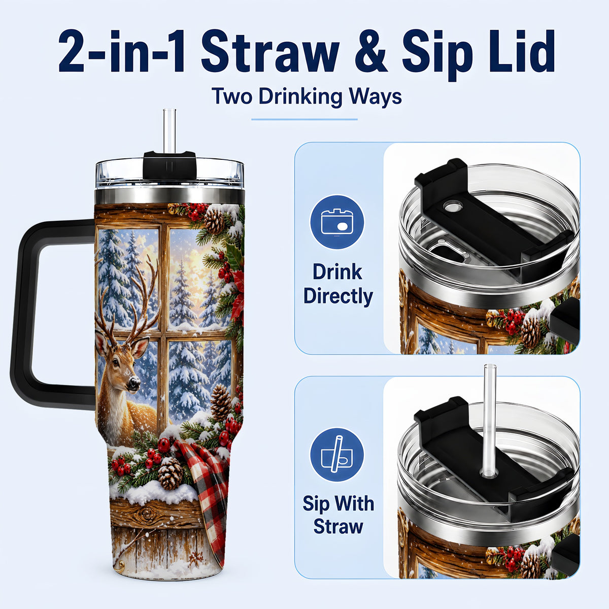 #pl[40oz|Black] Winter Deer 40oz Tumbler with Handle, Christmas Stainless Steel Travel Cup