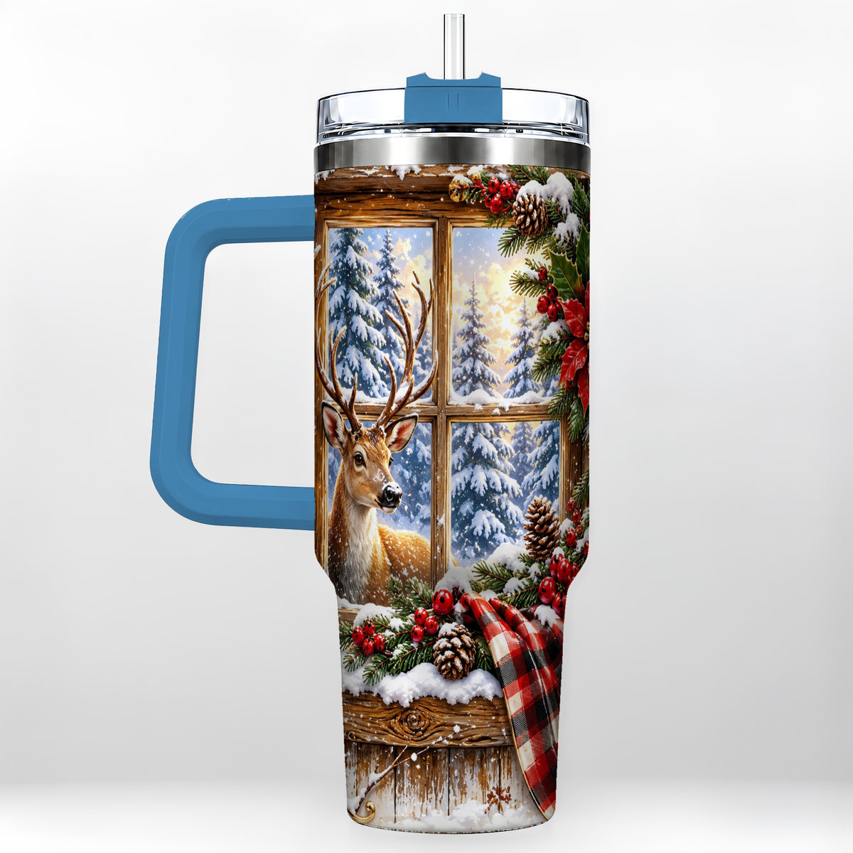 #pl[40oz|Blue] Winter Deer 40oz Tumbler with Handle, Christmas Stainless Steel Travel Cup