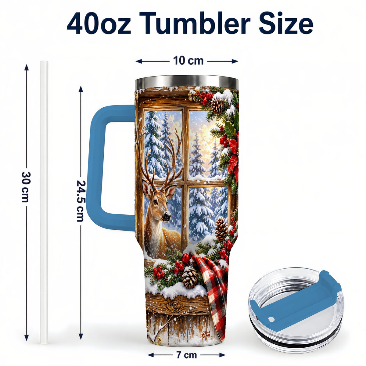 #pl[40oz|Blue] Winter Deer 40oz Tumbler with Handle, Christmas Stainless Steel Travel Cup