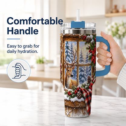 #pl[40oz|Blue] Winter Deer 40oz Tumbler with Handle, Christmas Stainless Steel Travel Cup