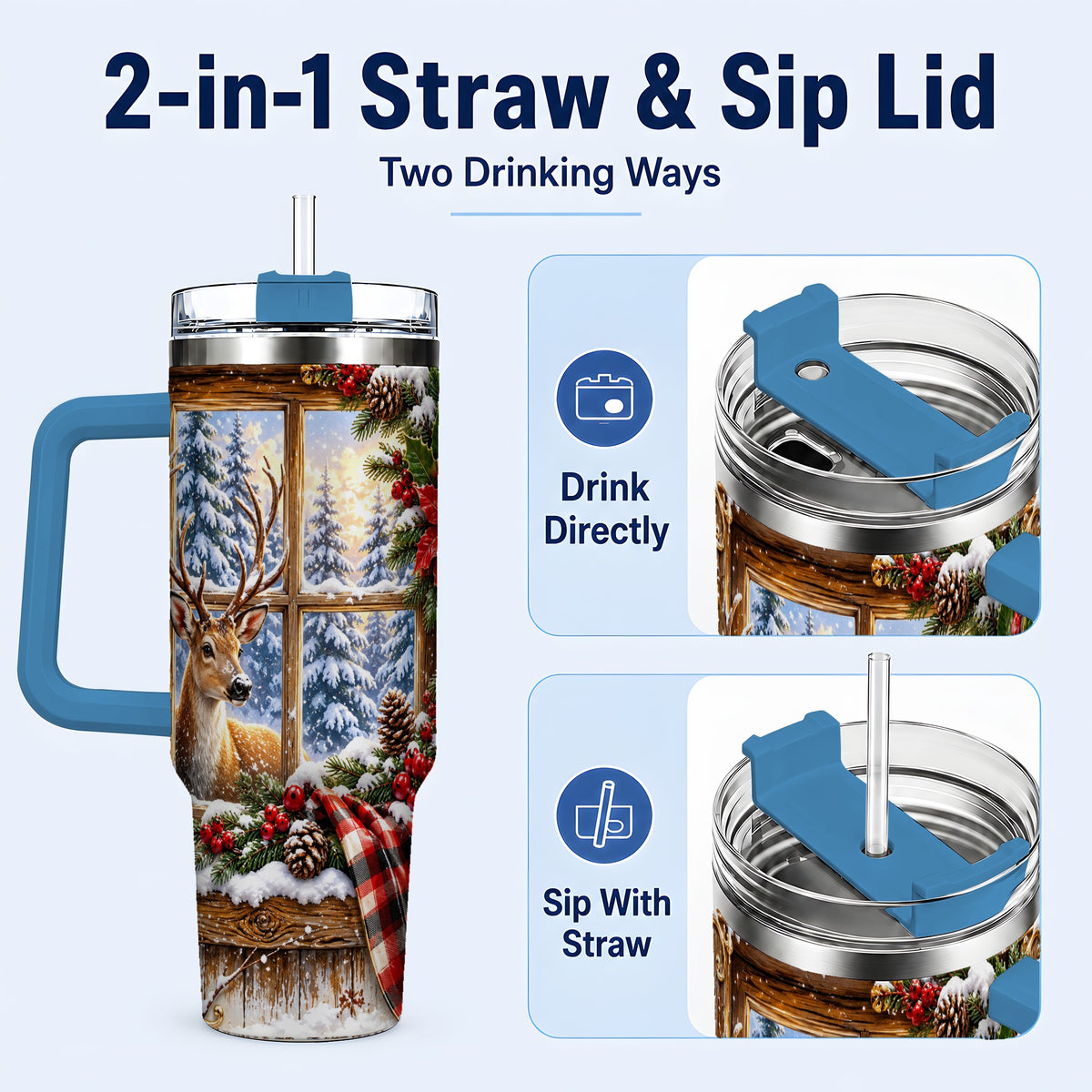 #pl[40oz|Blue] Winter Deer 40oz Tumbler with Handle, Christmas Stainless Steel Travel Cup