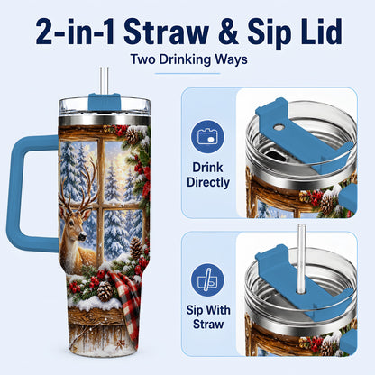 #pl[40oz|Blue] Winter Deer 40oz Tumbler with Handle, Christmas Stainless Steel Travel Cup