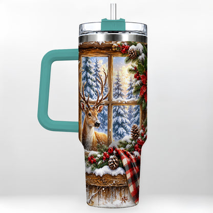 #pl[40oz|Green] Winter Deer 40oz Tumbler with Handle, Christmas Stainless Steel Travel Cup